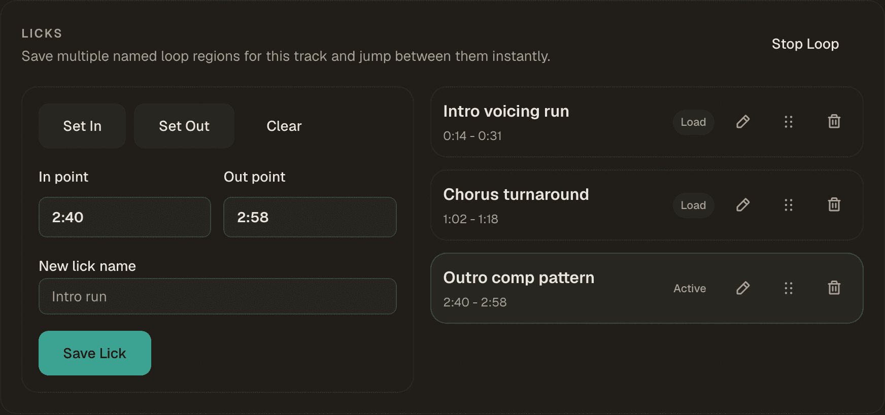 Saved loop regions: intro voicing run, chorus turnaround, outro comp pattern