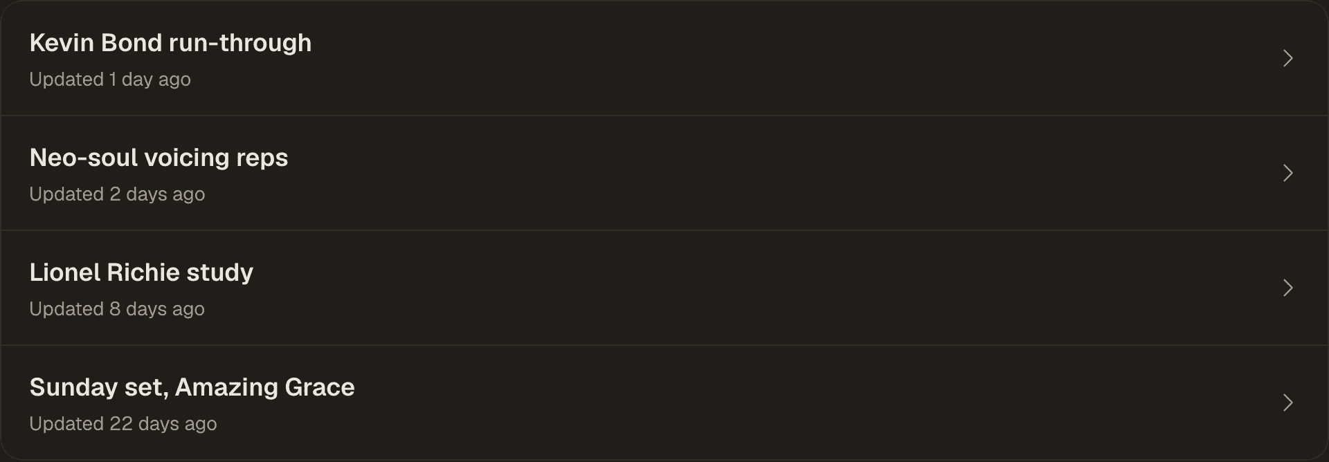 Practice sessions updated one day, two days, eight days, and twenty-two days ago